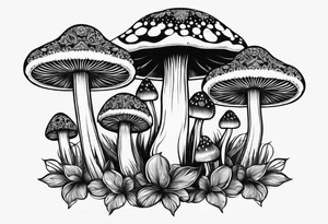 Large Shaggy cap mushroom dripping ink off cap with 4 smaller mushrooms around it mandala henna black tattoo design tattoo idea
