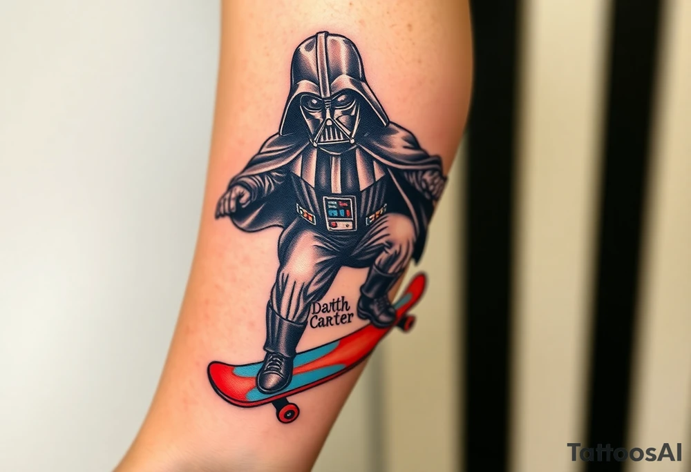 Darth Vader skateboarding >
blue & red
skateboard say "Darth Carter"
12/29/88-01/06/24 tattoo idea