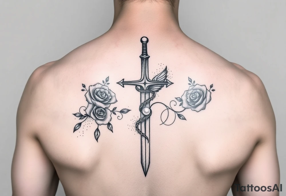 Cross sword on arm darkened in with roses pearls on the sword and a small phoenix rising from the ashes feminine tattoo idea