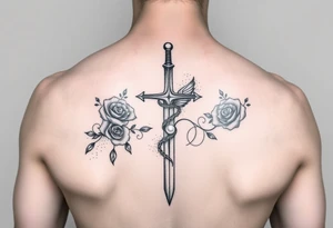 Cross sword on arm darkened in with roses pearls on the sword and a small phoenix rising from the ashes feminine tattoo idea