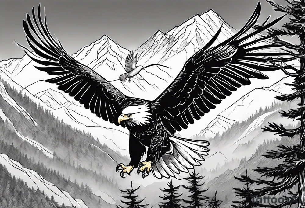 Eagle fighting a White Dove on a tree limb in the mountains tattoo idea