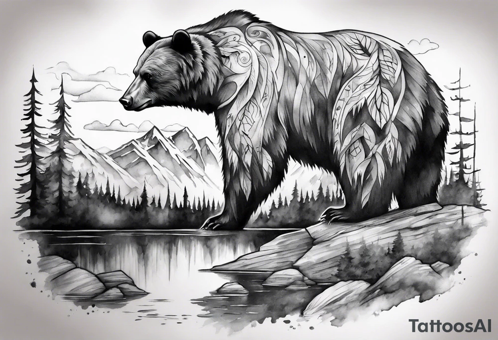 bear head right above the forest line with a lake below, full arm sleeve tattoo tattoo idea