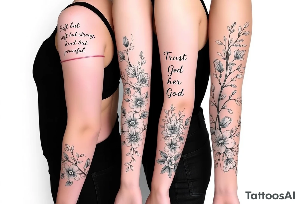 🌿


They are all connected 
 Right Arm Sleeve
	•	Top shoulder: “Soft but strong, kind but powerful.”
→ Wrapped with light olive vines
	•	Mid-arm: Peonies, lilies, tulips (your favorites)
→ Optional red ink in petal accents
	•	Lower arm/wrist: Vine wrap
→ Script: “Trust God”
	•	Style: Light, flowing, fine-line — NOT bold or filled-in

⸻

🌸 Spine Tattoo & Flow
	•	Already present floral spine tattoo
	•	New elements will connect from your sleeve, flow down from the right shoulder, lightly wrapping into your back
	•	Inspired by the reference with floral script diagonally across the spine
	•	Optional soft red ink details to enhance movement

⸻

🍑 Left Thigh + Butt
	•	Quote: “A garden of her own”
→ Placed on side of butt, flowing from lower back
	•	Floral extension down the thigh — tulips/peonies
	•	Minimal, romantic, fine-line

⸻ tattoo idea