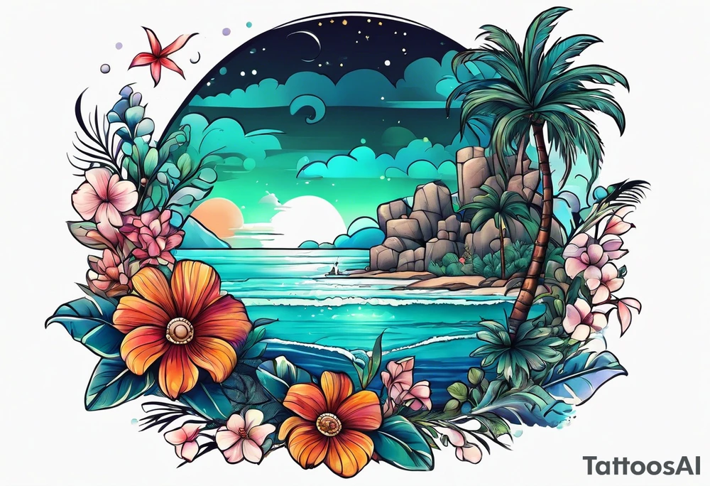 sea,, night, flower, palm, tattoo idea