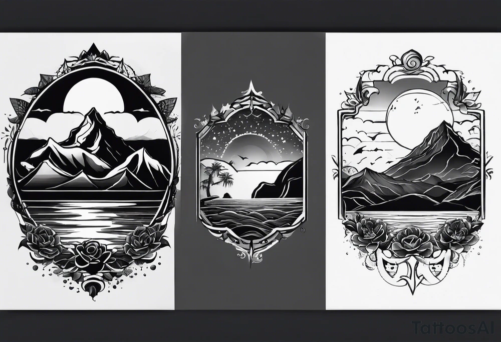 i want two different tattoos next to each other in a matching sytle. one is going to be about a sea/beach at sunset and the second one is mountains with sunrise. All going to be black and white. tattoo idea