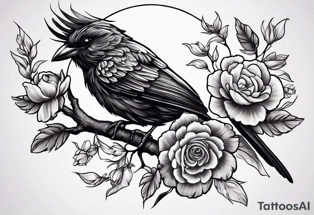 A black bird with its wings open on a branch with flowers and a cancer ribbon around the branch tattoo idea
