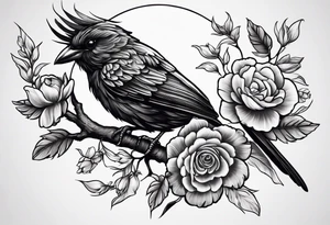 A black bird with its wings open on a branch with flowers and a cancer ribbon around the branch tattoo idea