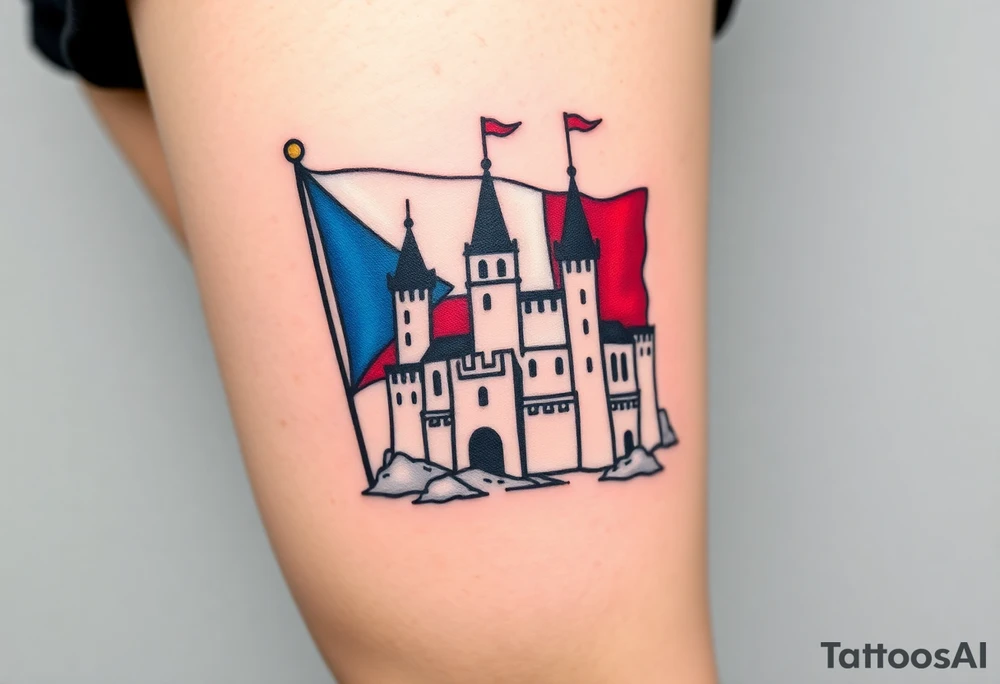 A Czech flag (blue, white up, red down) waving behind a medieval castle tattoo idea