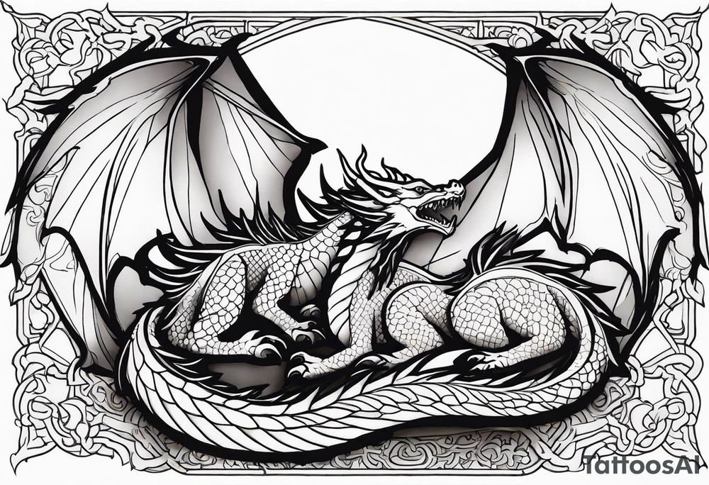 Mother dragon wings spread protecting 3 sleeping young dragons tattoo idea
