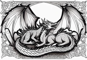 Mother dragon wings spread protecting 3 sleeping young dragons tattoo idea