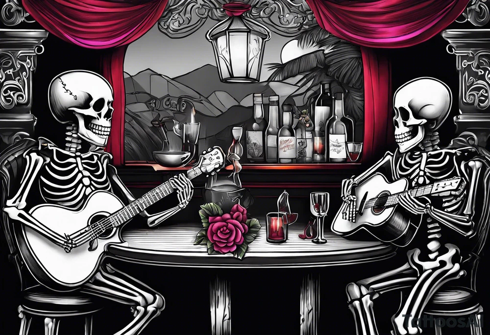a bar scene with Western female and male skeletons. The female skeleton has hibiscus flowers for eyes, and the male skeleton plays the guitar. tattoo idea