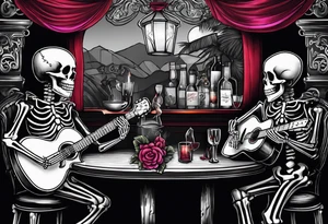 a bar scene with Western female and male skeletons. The female skeleton has hibiscus flowers for eyes, and the male skeleton plays the guitar. tattoo idea