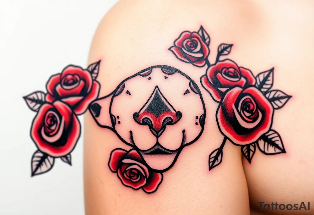 A mole with pointy nosel with bold black outlines, and red roses surrounding it for a classic old-school aesthetic tattoo idea