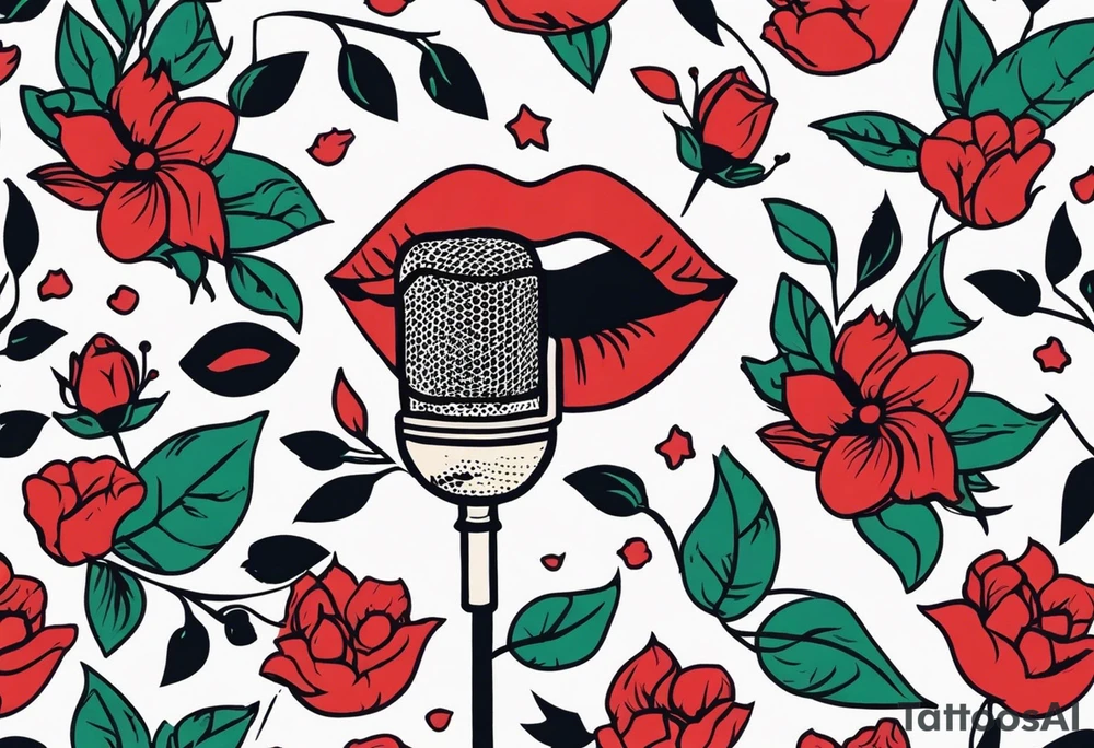 lips singing old school vintage traditional
flowers around and mouth next to microphone
bold and colorful simple design comic book tattoo idea