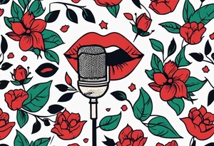 lips singing old school vintage traditional
flowers around and mouth next to microphone
bold and colorful simple design comic book tattoo idea