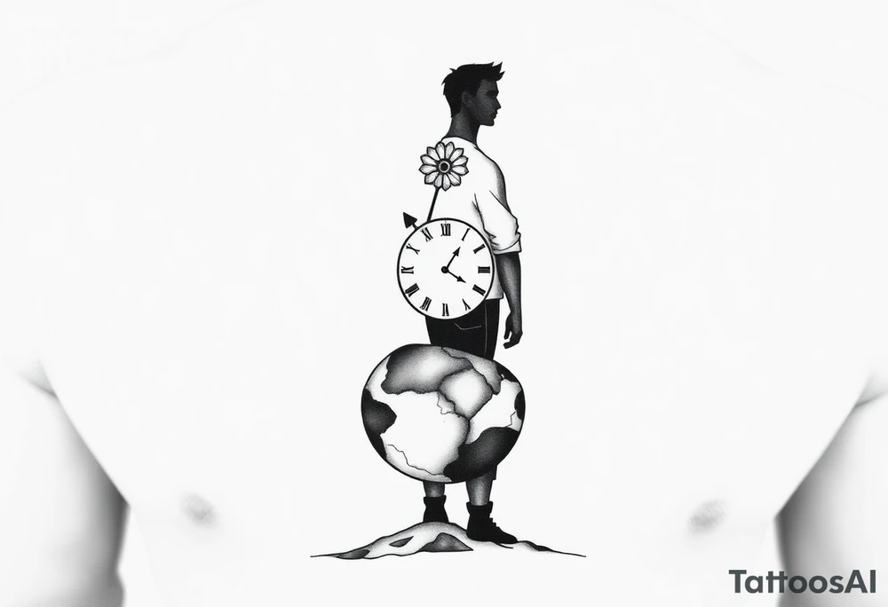A masculine, minimalist silhouette of a confident young man standing on a small cracked and textured planet. Behind him floats a fragmented, angular broken clock face symbolizing anxiety and broken time. A single, sharp geometric flower grows from the planet, representing love and struggle. A small, sharp star or flame symbol glows on his chest, symbolizing inner strength and passion. The design uses bold, clean, angular lines with minimal shading, emphasizing strength and resilience. tattoo idea
