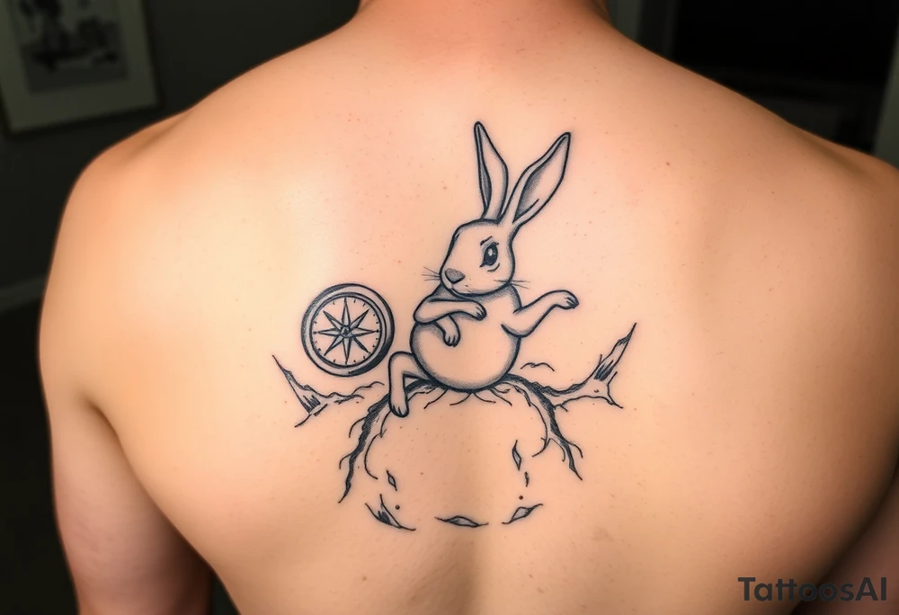 Rabbit with compass jumping down the rabbit hole tattoo idea