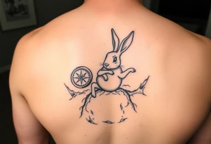 Rabbit with compass jumping down the rabbit hole tattoo idea