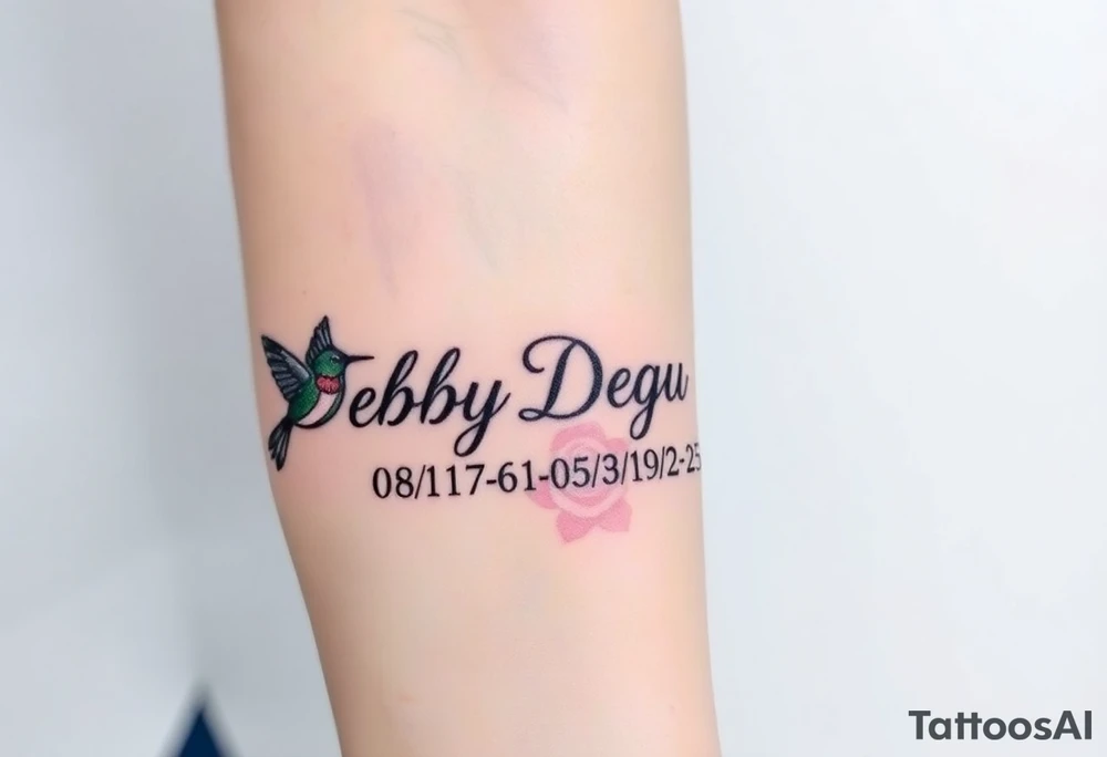 Tattoo of the exact name Debby Deguzman in chunky curly cursive with the exact dates of 08/17/61-05/29/25 surrounded by 1 hummingbird and 1 rose tattoo idea