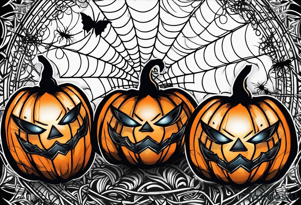 scary pumpkins with a spidernet in the background tattoo idea