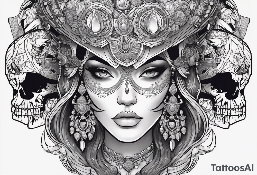 kali, alien goddess, valkrye, pirate, zenza resonance, pachamama, lotus azul, blank panther, eagle, skull, 5D, nueva gaya tattoo idea
