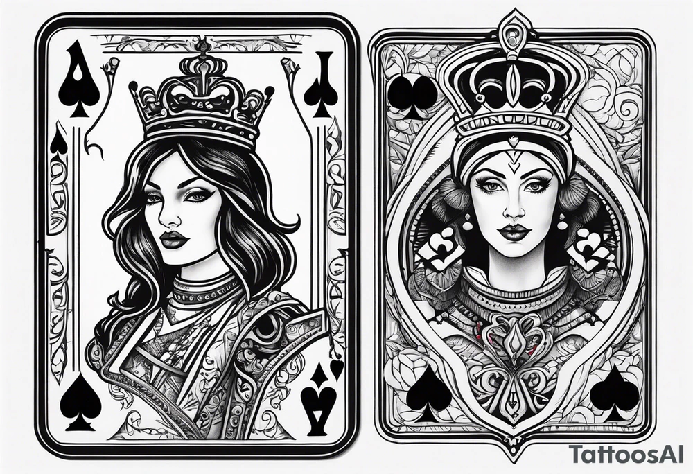 one playing card with both queen of hearts and king of spades incorporated in extreme minimalistic style tattoo idea