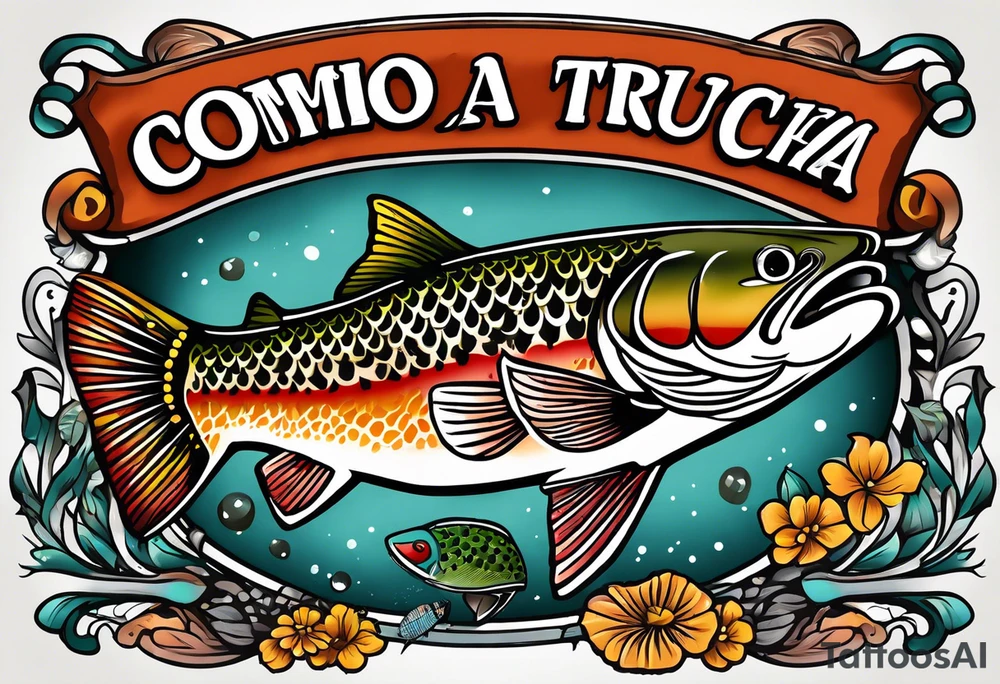 A small tattoo with a shaded trout and text that says, 'Como la trucha...' drawn with fine lines." tattoo idea