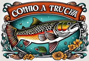 A small tattoo with a shaded trout and text that says, 'Como la trucha...' drawn with fine lines." tattoo idea