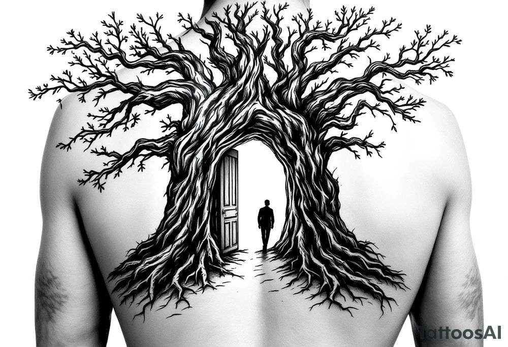 Back tattoo of a big tree with a door and a man walking through the door tattoo idea
