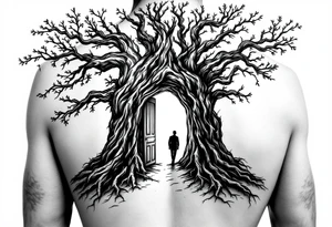 Back tattoo of a big tree with a door and a man walking through the door tattoo idea