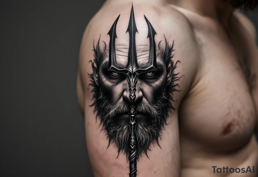 close-up man face behind a trident tattoo idea