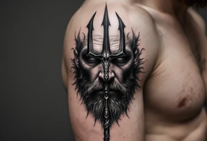 close-up man face behind a trident tattoo idea