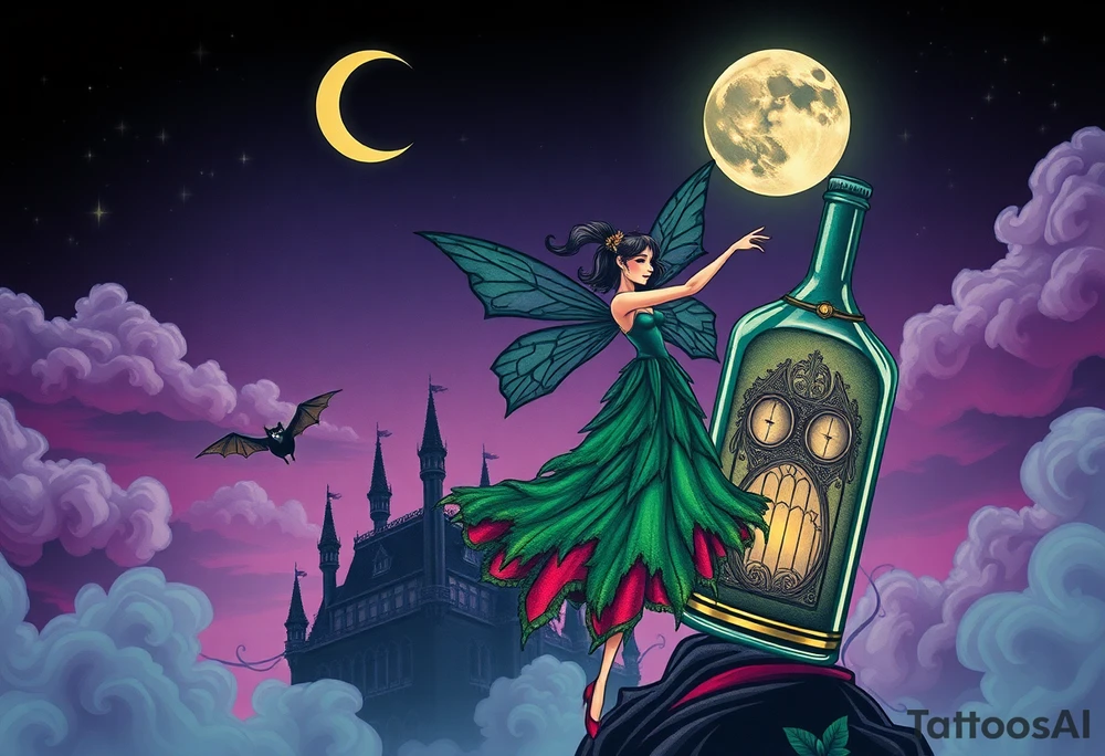 Tim Burton’s style Vintage Parisian elegant and beautiful yet eerie full body absinthe Green Fairy dances outside her victorian crystal absinthe bottle Absinthe Art Nouveau   and dripping with muted reds, dusty pinks, and eerie green glow.purple and cyan smokey clouds swirl in the crescent moonlit sky thats sprinkled with stars under the castle an adorable kawaii bat spreads its wings tattoo idea tattoo idea