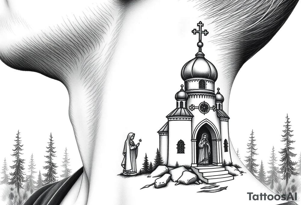 russian design traditional christian orthodox cross with a virgin mary stood beside the entrance of a russian orthodox dome church on the side of the neck in a wilderness setting with the design spread out the side of the neck tattoo idea