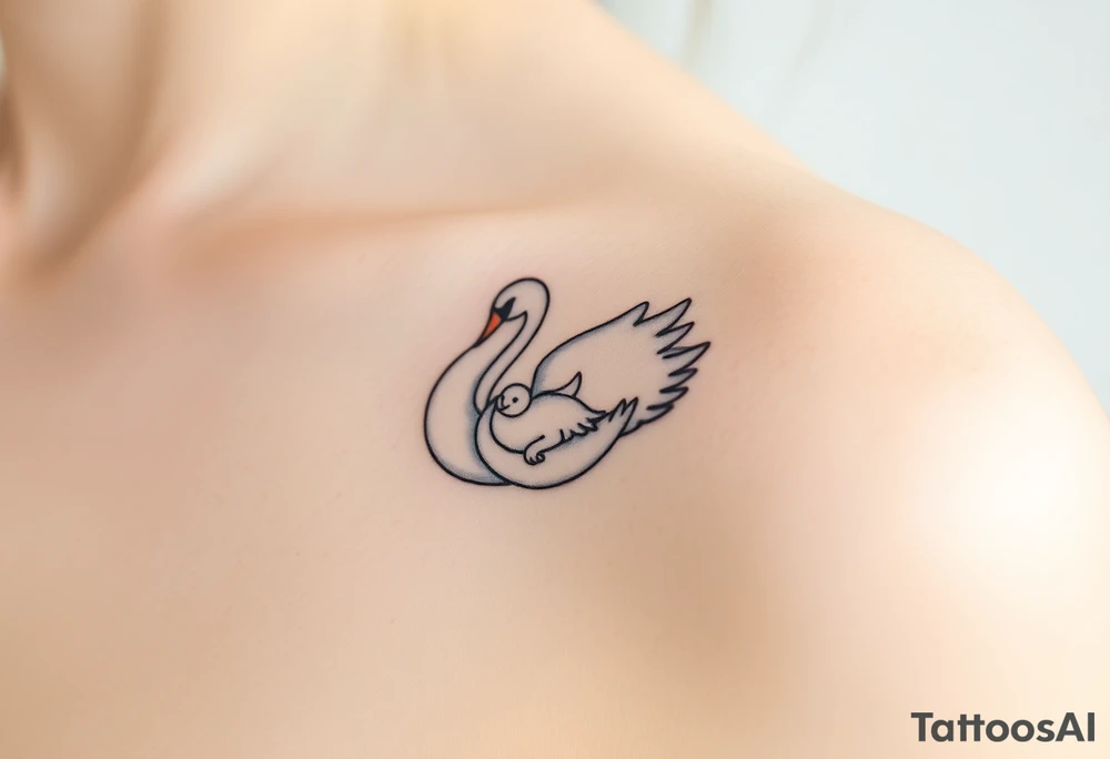 A swan with her baby nestled in her wings, in soft white and light blue hues, symbolizing purity and warmth tattoo idea