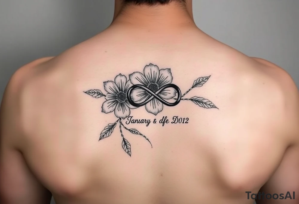 January and December Flower with infinity sign and two names tattoo idea