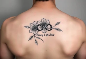 January and December Flower with infinity sign and two names tattoo idea