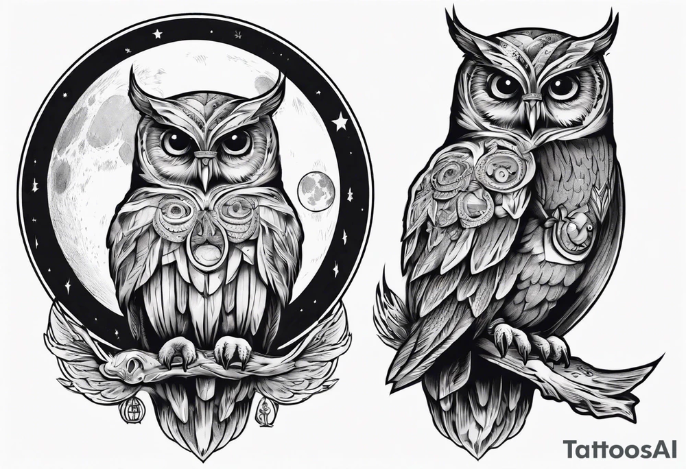 Wise and Regal Owl flying towards the Moon. tattoo idea