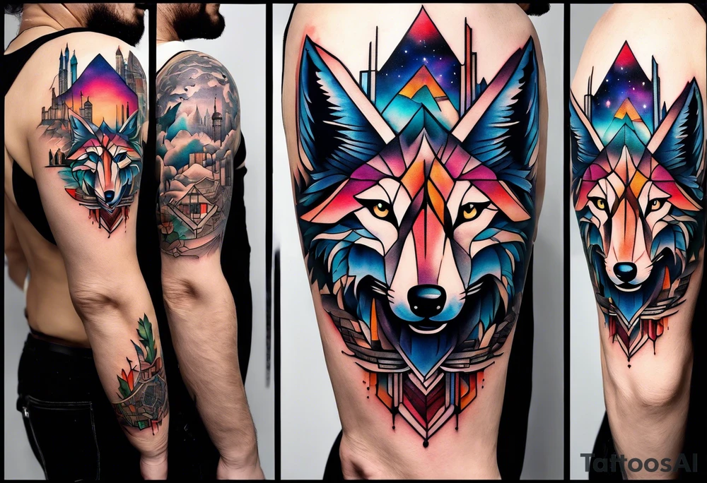 Tattoo of wolf and stag in Amsterdam featuring Amsterdam buildings and canal in galaxy colours featuring glass tattoo idea