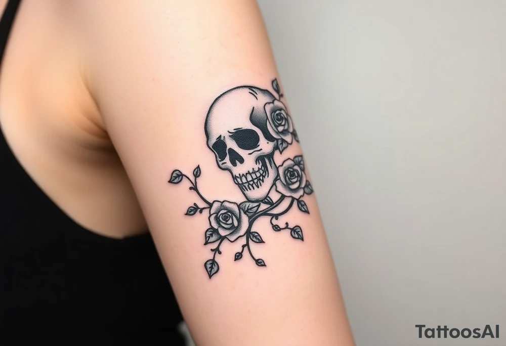 gothic skull intertwined with climbing roses and thorny vines tattoo idea