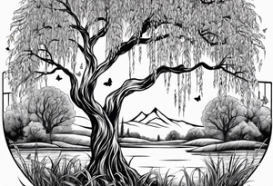 Weeping willow tree with butterflies tattoo idea