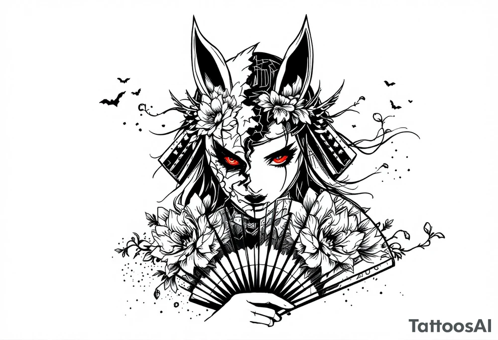 Woman samurai with red eyes wearing an half and broken kitsune mask, holding a japanese fan with belamcada flowers tattoo idea