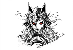 Woman samurai with red eyes wearing an half and broken kitsune mask, holding a japanese fan with belamcada flowers tattoo idea