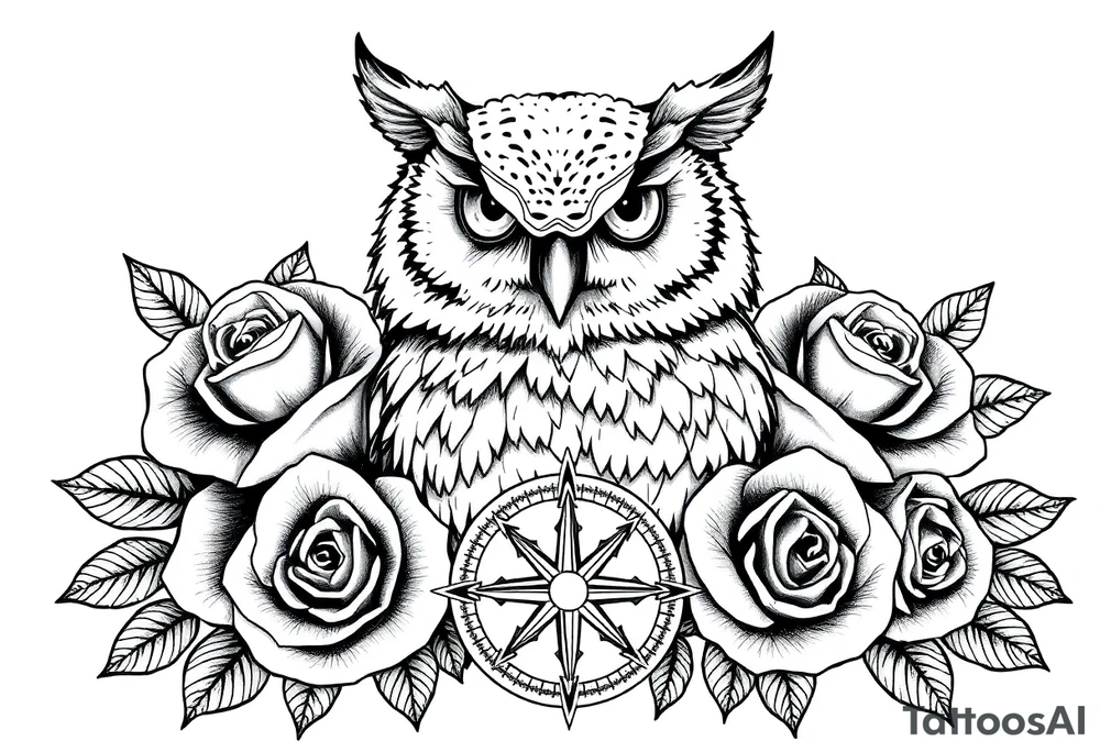 an owl,roses,compass. tattoo idea