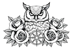 an owl,roses,compass. tattoo idea
