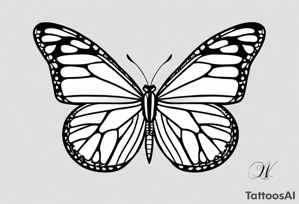 Design a black and white fine line tattoo of a monarch butterfly. The top halves of the wings should be filled with delicate poppy flowers, seamlessly integrated into the wing design. The overall style should be minimalistic and elegant, with clean lines and intricate details. The bottom halves of the wings should remain simple to emphasize the flowers above. tattoo idea