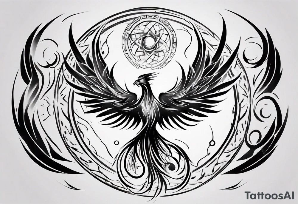 Phoenix rising blending in circles tattoo idea Phoenix rising blending in circles tattoo idea