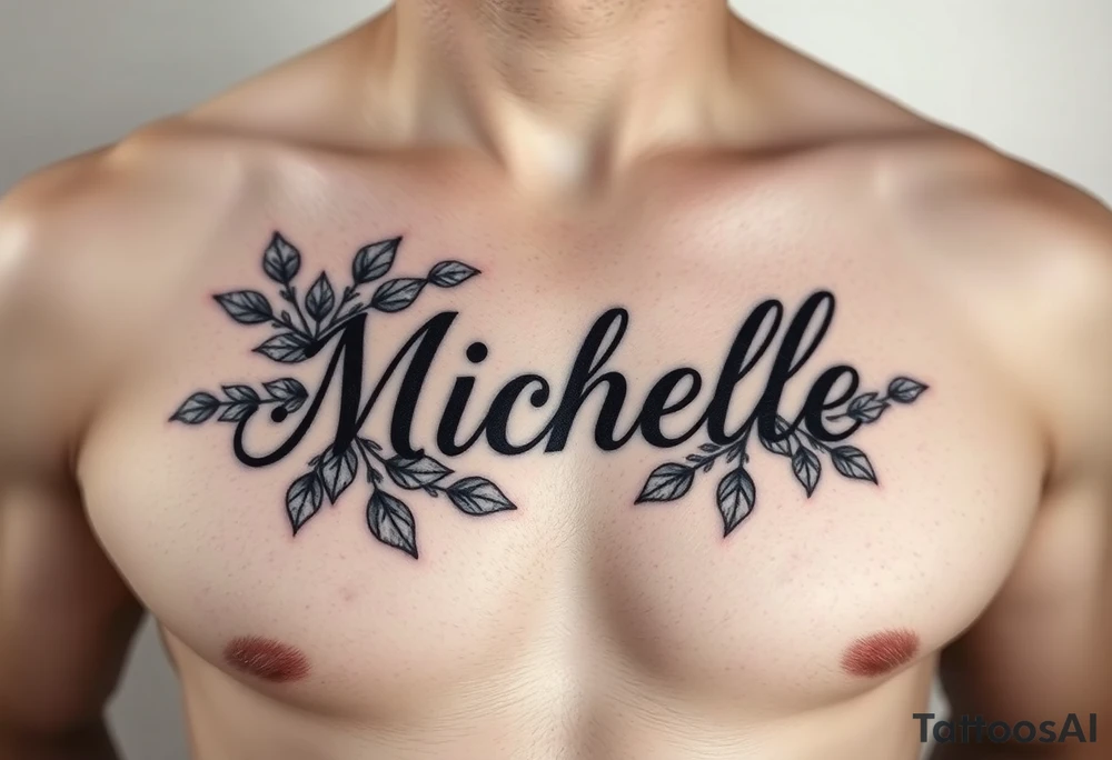 Create a tattoo on a man’s chest if a woman’s name Michelle. Place Ivy around the name tattoo idea