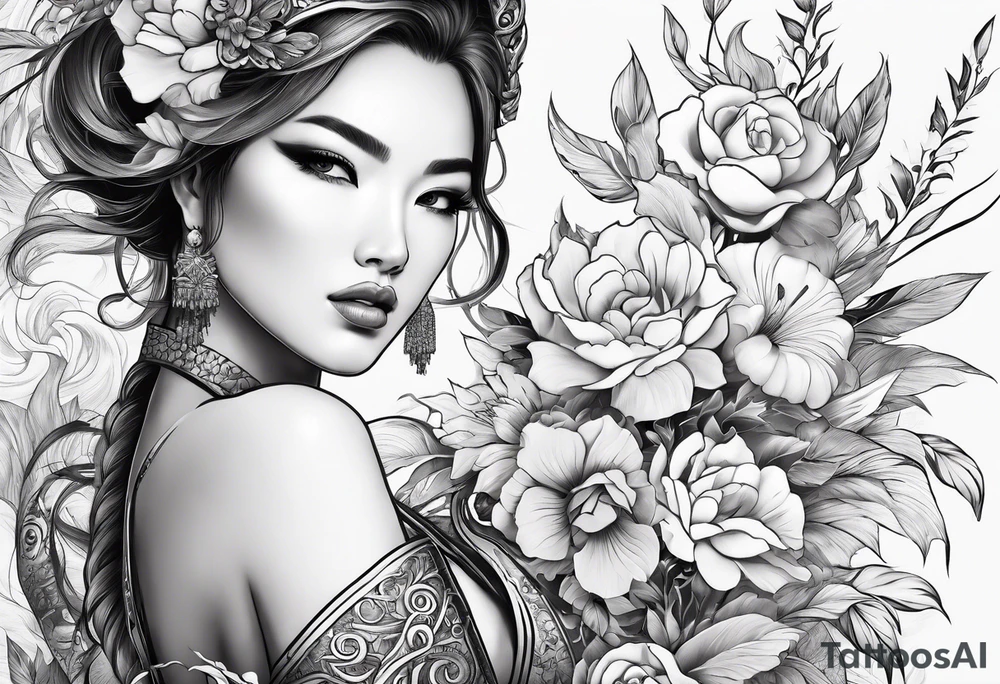 ornate beautiful woman warrior with weapon & floral surrounding tattoo tattoo idea