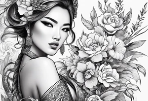 ornate beautiful woman warrior with weapon & floral surrounding tattoo tattoo idea